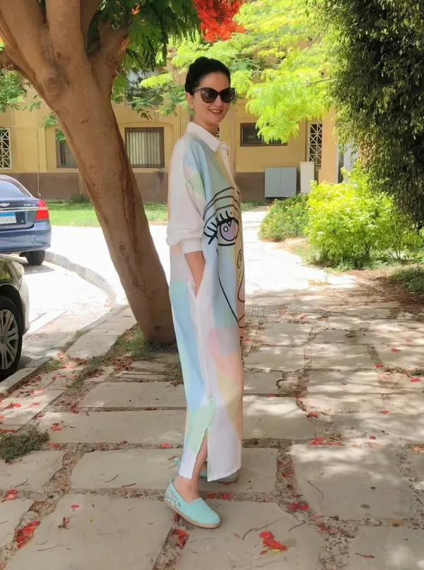 White_Linen_Cotton_Artistic_Abstract_Face_Shirt_Dress_For_Women