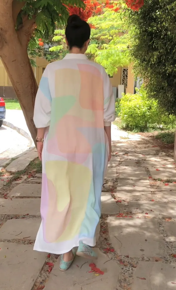 White_Linen_Cotton_Artistic_Abstract_Face_Shirt_Dress_For_Women