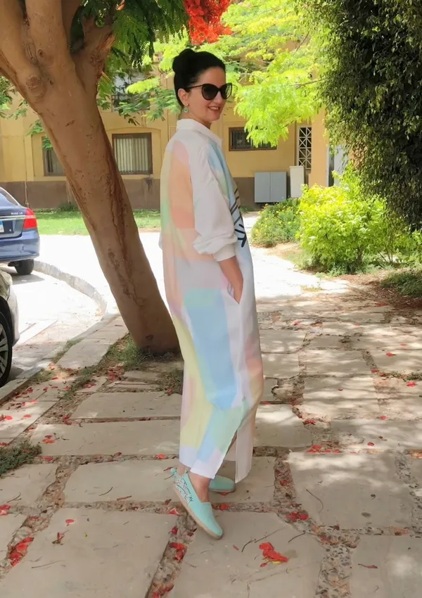 White_Linen_Cotton_Artistic_Abstract_Face_Shirt_Dress_For_Women