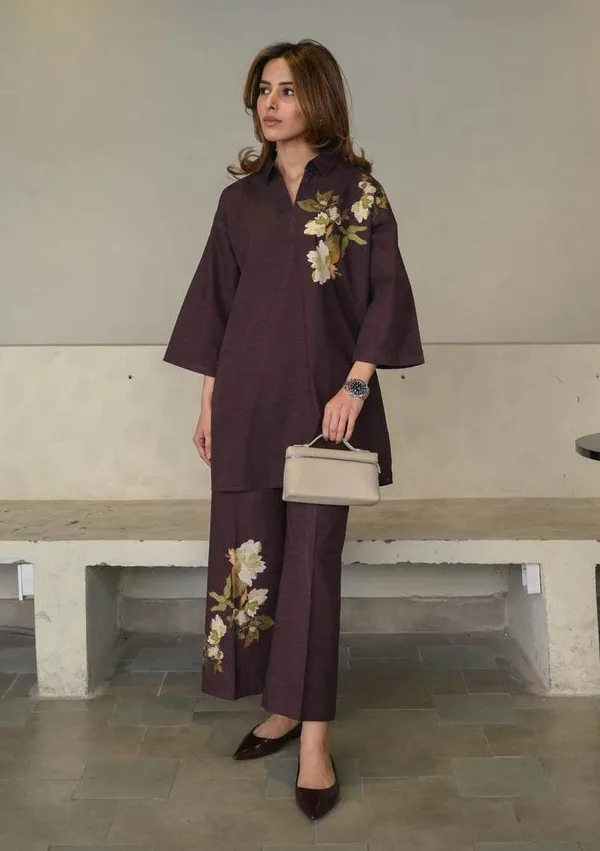 Deep_Plum_Linen_Cotton_Daily_Elegance_Minimal_Floral_Co-Ord_Set_For_Women