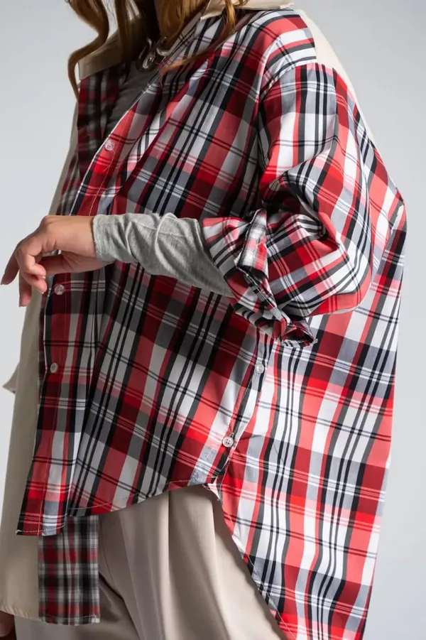 Contrast_Beige_and_Red_Plaid_Rayon_Cotton_Long_Sleeve_Shirt_For_Women