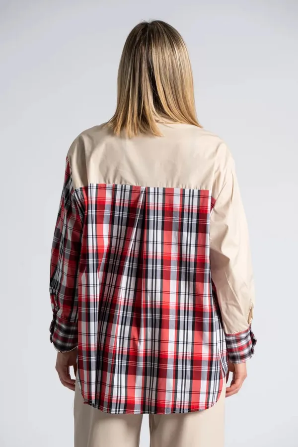 Contrast_Beige_and_Red_Plaid_Rayon_Cotton_Long_Sleeve_Shirt_For_Women