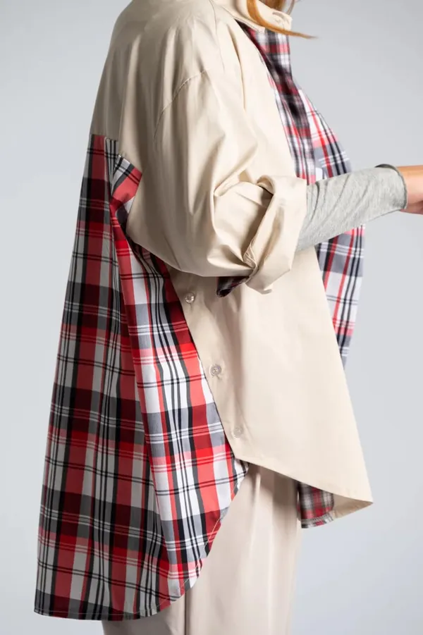 Contrast_Beige_and_Red_Plaid_Rayon_Cotton_Long_Sleeve_Shirt_For_Women