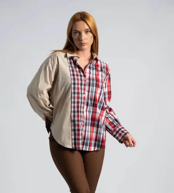 Contrast_Beige_and_Red_Plaid_Rayon_Cotton_Long_Sleeve_Shirt_For_Women
