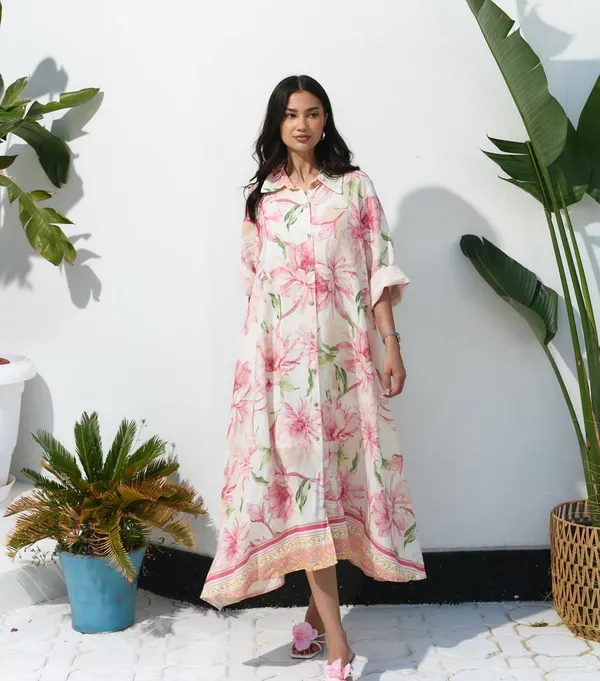 Floral_A-Line_soft_Peach_Pink_Botanical_Print_Midi_Shirt_Dress