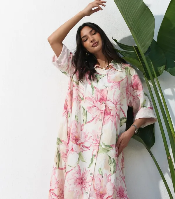 Floral_A-Line_soft_Peach_Pink_Botanical_Print_Midi_Shirt_Dress