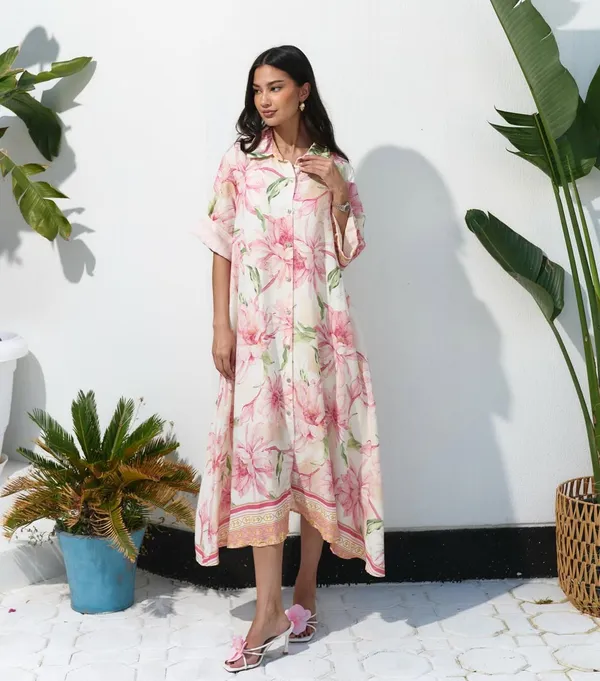 Floral_A-Line_soft_Peach_Pink_Botanical_Print_Midi_Shirt_Dress
