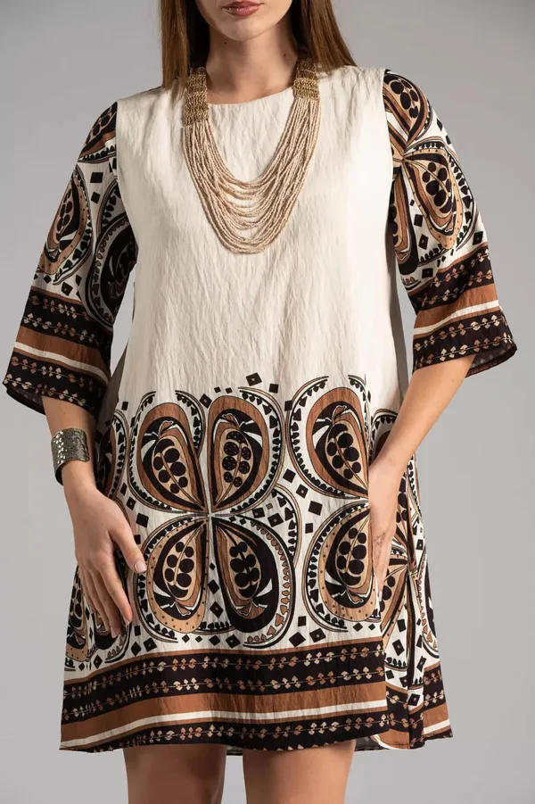 Brown_&_Cream_Muslin_Ethnic_Motif_Flare_Dress_For_Women