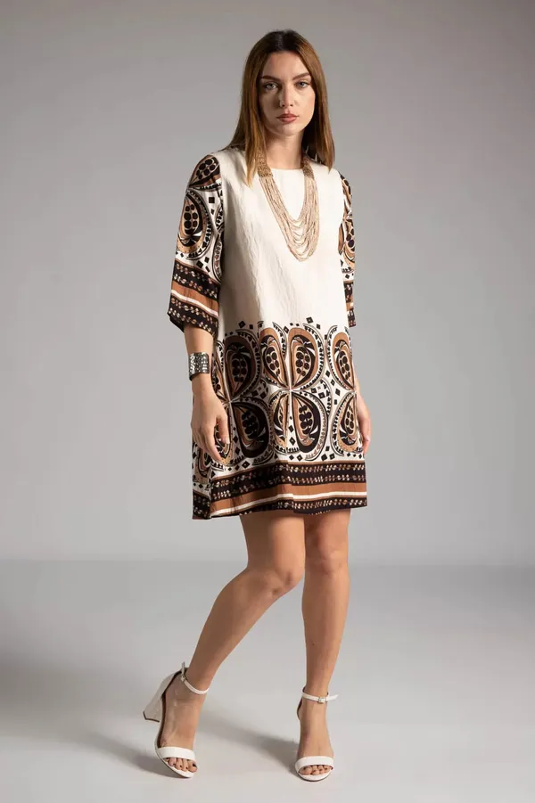 Brown_&_Cream_Muslin_Ethnic_Motif_Flare_Dress_For_Women