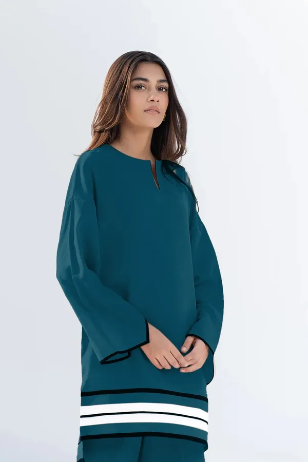 Title:_Elegant_Rama_Green_Rayon_Co-ord_Set_with_Contrast_Stripe_Hem
