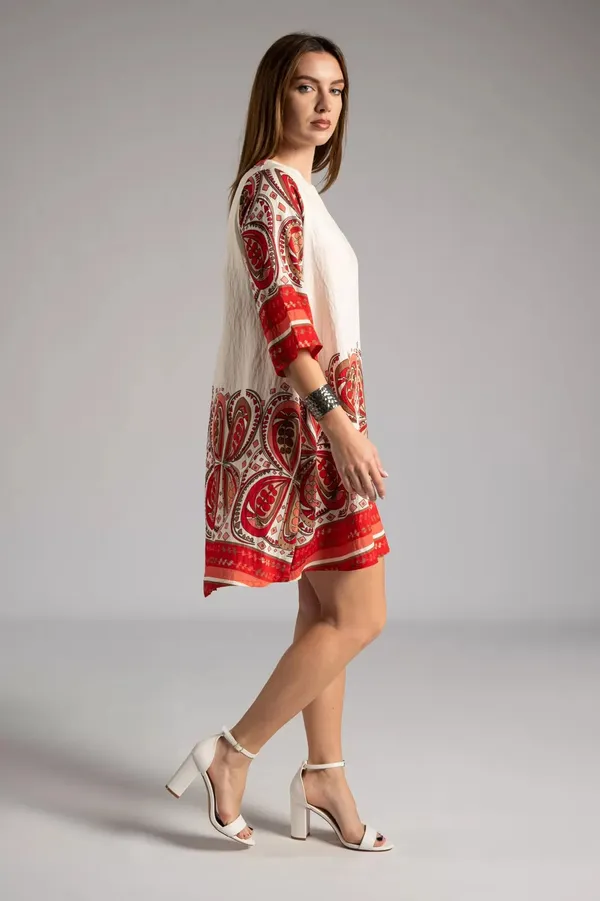 Red_&_Cream__Boho_Printed_A-Line_Tunic_Dress_For_Women