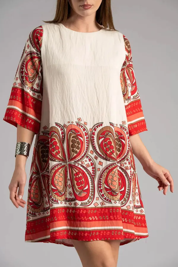 Red_&_Cream__Boho_Printed_A-Line_Tunic_Dress_For_Women