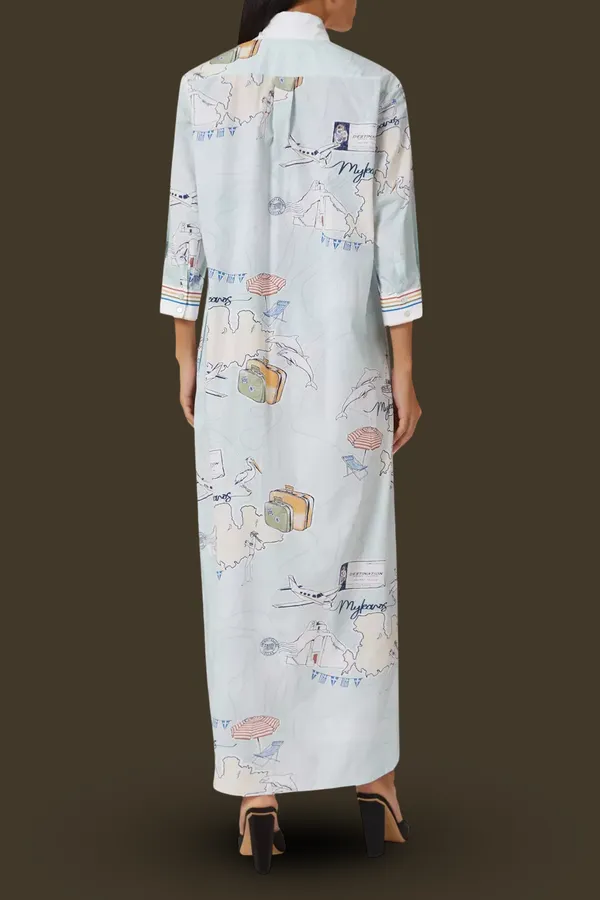 Pastel_Mint_Blue_Linen_Cotton_Vacation-Inspired_Map_Postcard_Printed_Long_Shirt_Dress_For_Women