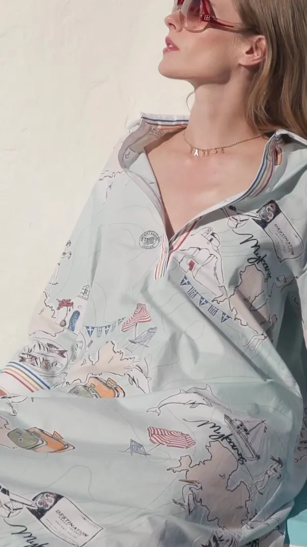 Pastel_Mint_Blue_Linen_Cotton_Vacation-Inspired_Map_Postcard_Printed_Long_Shirt_Dress_For_Women