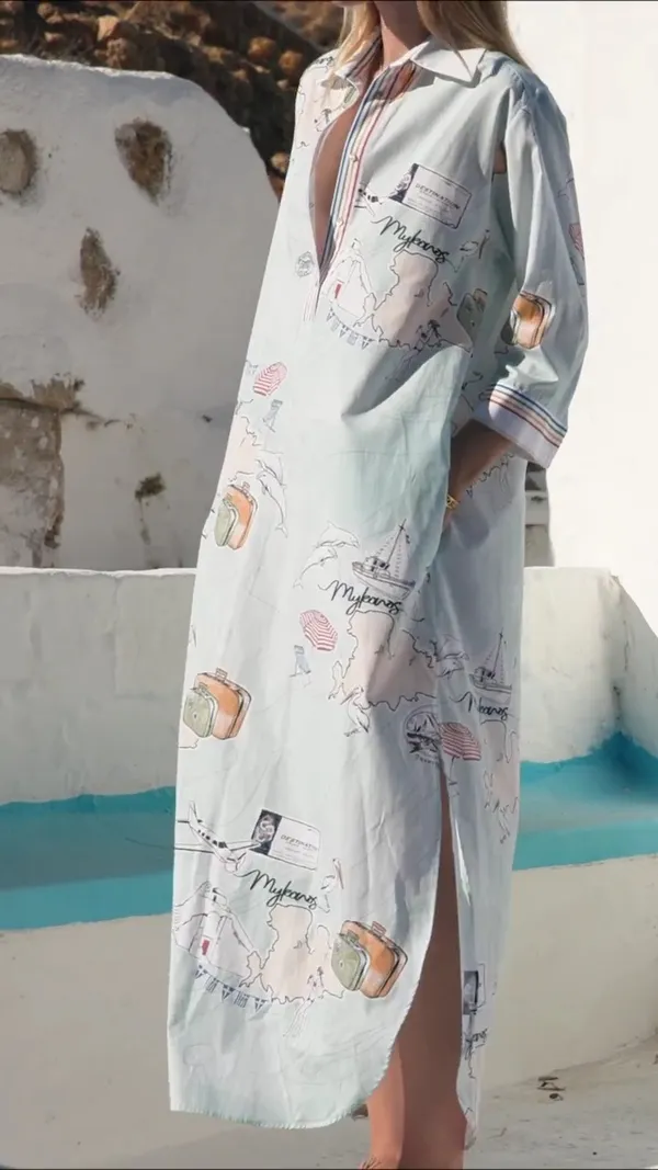 Pastel_Mint_Blue_Linen_Cotton_Vacation-Inspired_Map_Postcard_Printed_Long_Shirt_Dress_For_Women