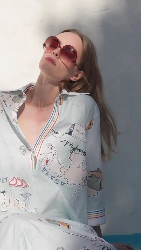 Pastel_Mint_Blue_Linen_Cotton_Vacation-Inspired_Map_Postcard_Printed_Long_Shirt_Dress_For_Women