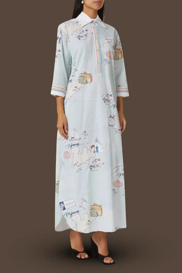 Pastel_Mint_Blue_Linen_Cotton_Vacation-Inspired_Map_Postcard_Printed_Long_Shirt_Dress_For_Women