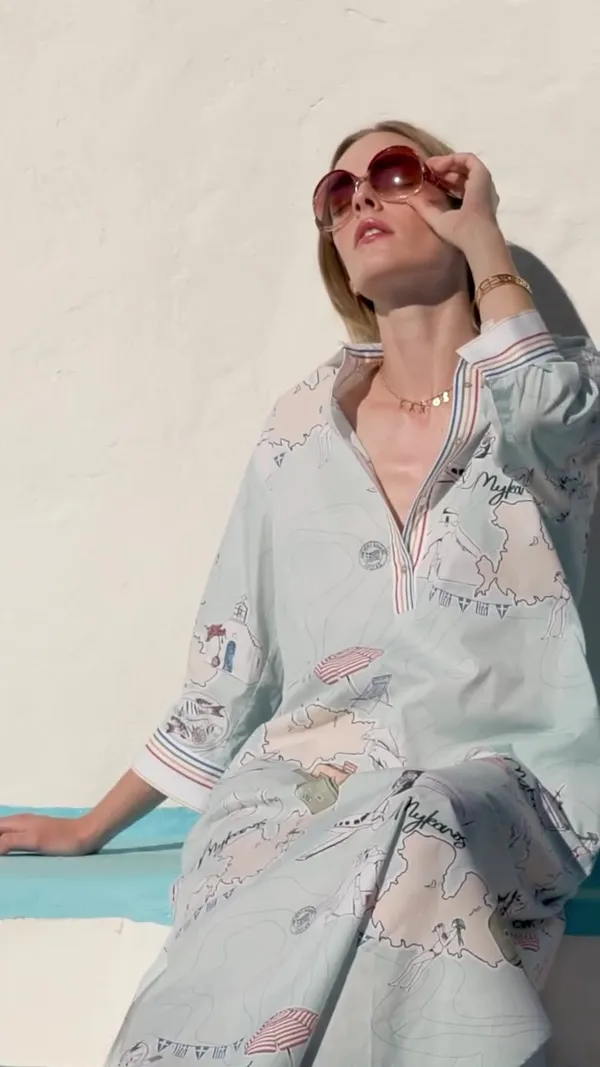 Pastel_Mint_Blue_Linen_Cotton_Vacation-Inspired_Map_Postcard_Printed_Long_Shirt_Dress_For_Women