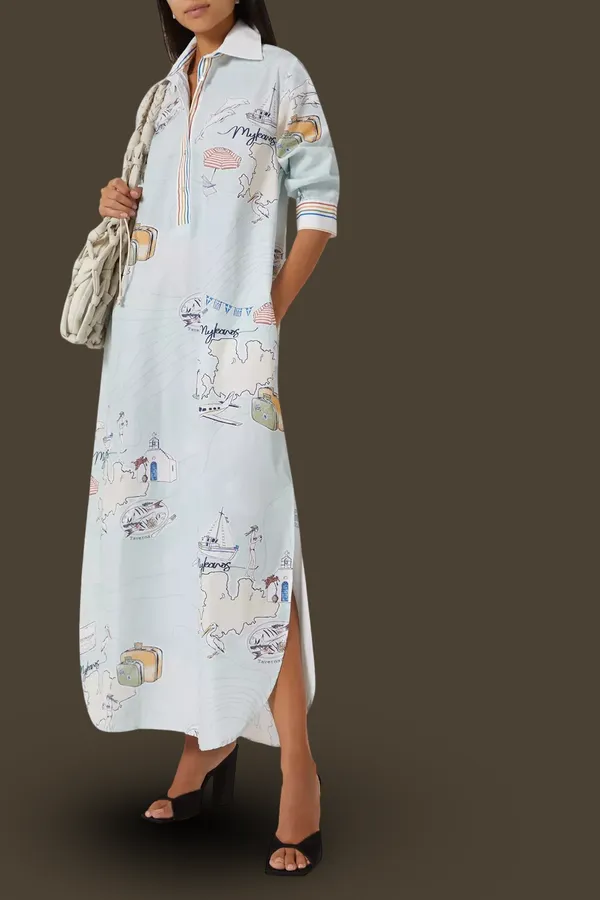 Pastel_Mint_Blue_Linen_Cotton_Vacation-Inspired_Map_Postcard_Printed_Long_Shirt_Dress_For_Women