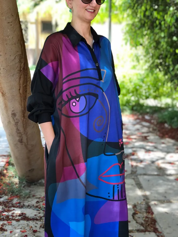 Black_Linen_Cotton_Modern_Art_Printed_Oversized_Collared_Shirt_Dress_For_Women