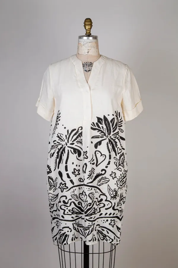 Off-White_Linen_Cotton_Tropical_Palm_Printed_Linen_Shirt_Dress_For_Women