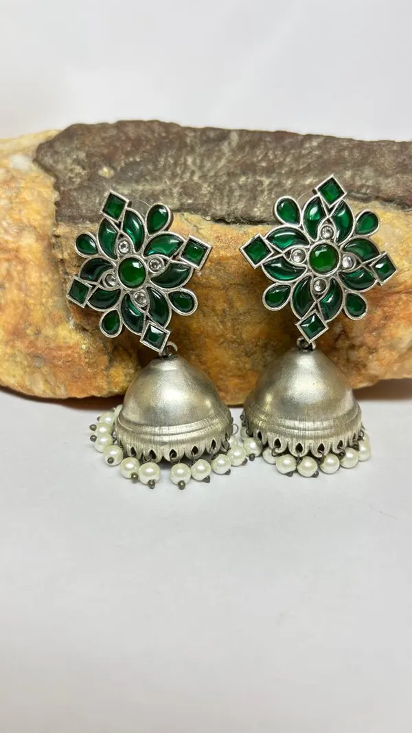 German_Silver_With_Green_Stone_Pearl_Jumka