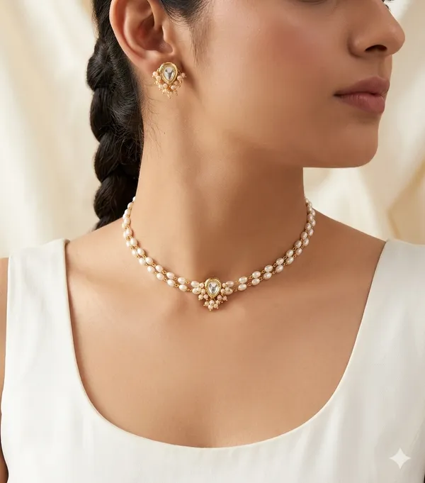 White_&_Golden_Stunning_Handicraft_Kundan_Pearl_Chokker_Set
