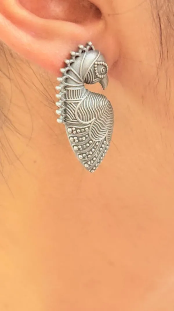 Silver_Oxidised_Textured_Tribal-Style_Peacock_Earrings