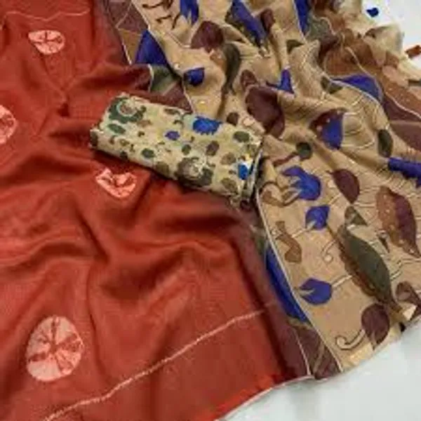 Kalamkari_Soft_Lenin_Light_Weigth__Printed_Batik_Saree_&_Printeed_Blouse_-_Rust_Brown