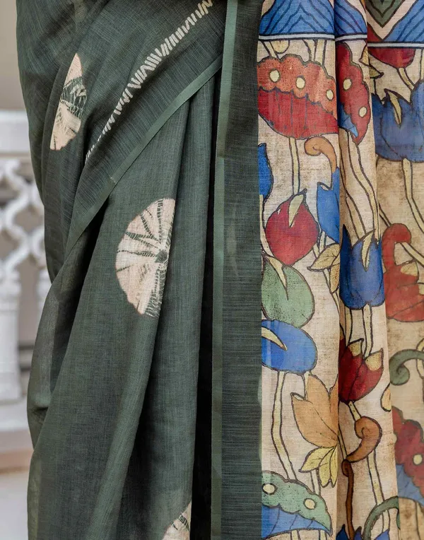 Kalamkari_Soft_Lenin_Light_Weigth__Printed_Batik_Saree_&_Printeed_Blouse_-_Green
