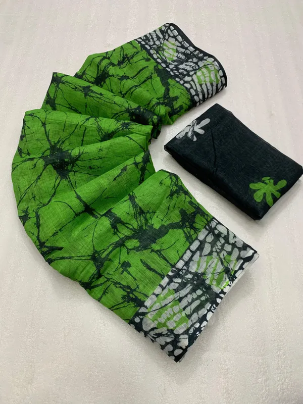 Kalamkari_Patola__Pure_Linen_Saree_And_Batin_Blouse_-_Parrot_Green