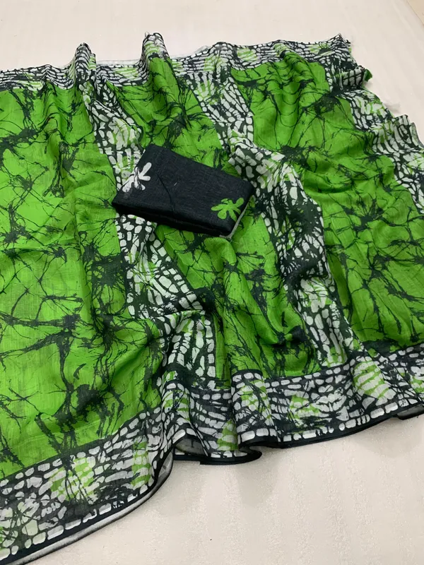 Kalamkari_Patola__Pure_Linen_Saree_And_Batin_Blouse_-_Parrot_Green