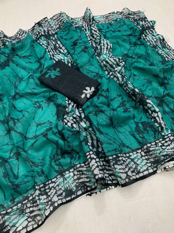Kalamkari_Patola__Pure_Linen_Saree_And_Batin_Blouse_-_Turquoise_Green