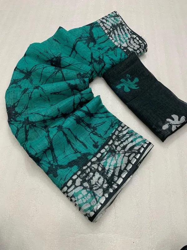 Kalamkari_Patola__Pure_Linen_Saree_And_Batin_Blouse_-_Turquoise_Green
