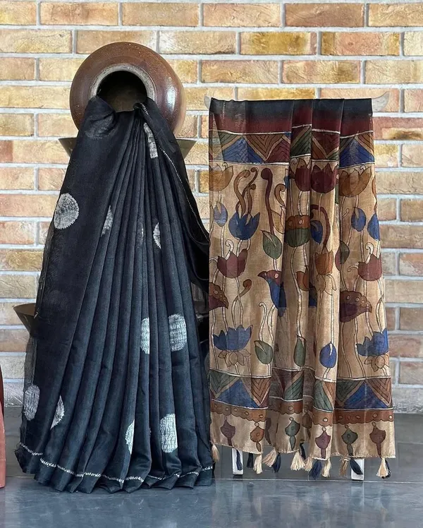 Kalamkari_Soft_Lenin_Light_Weigth__Printed_Batik_Saree_&_Printeed_Blouse_-_Black