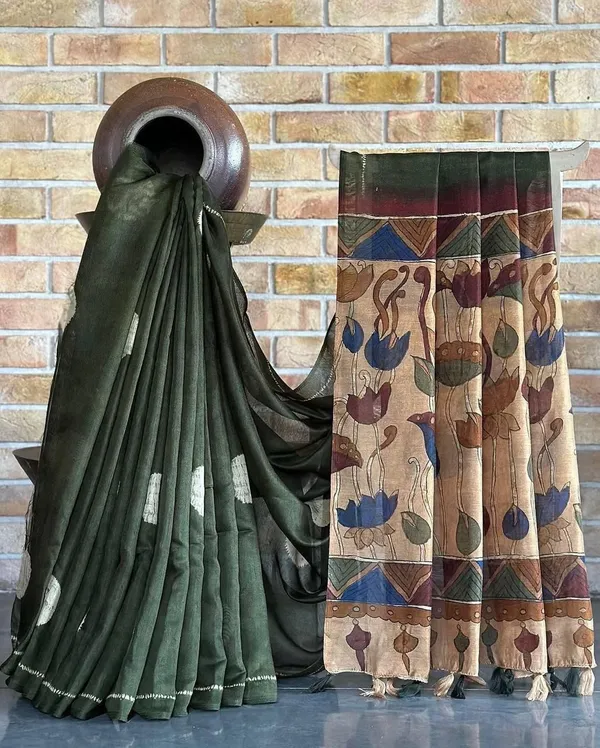 Kalamkari_Soft_Lenin_Light_Weigth__Printed_Batik_Saree_&_Printeed_Blouse_-_Green