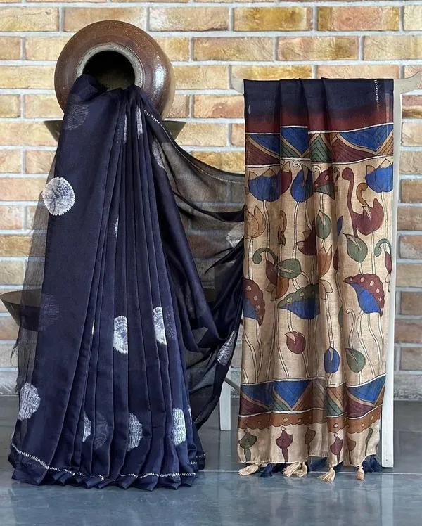 Kalamkari_Soft_Lenin_Light_Weigth__Printed_Batik_Saree_&_Printeed_Blouse_-_Navy_Blue