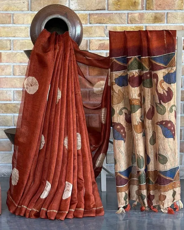 Kalamkari_Soft_Lenin_Light_Weigth__Printed_Batik_Saree_&_Printeed_Blouse_-_Rust_Brown