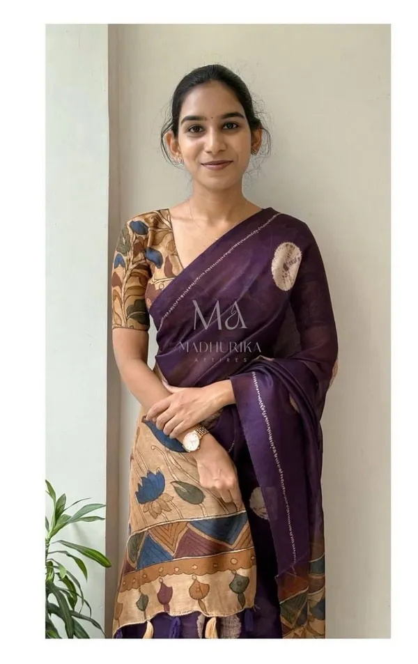 Kalamkari_Soft_Lenin_Light_Weigth__Printed_Batik_Saree_&_Printeed_Blouse_-__Purple