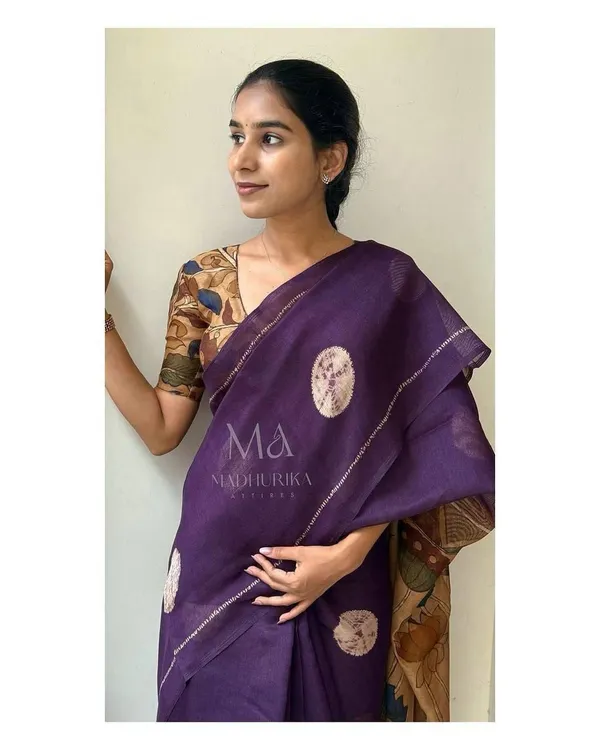 Kalamkari_Soft_Lenin_Light_Weigth__Printed_Batik_Saree_&_Printeed_Blouse_-__Purple