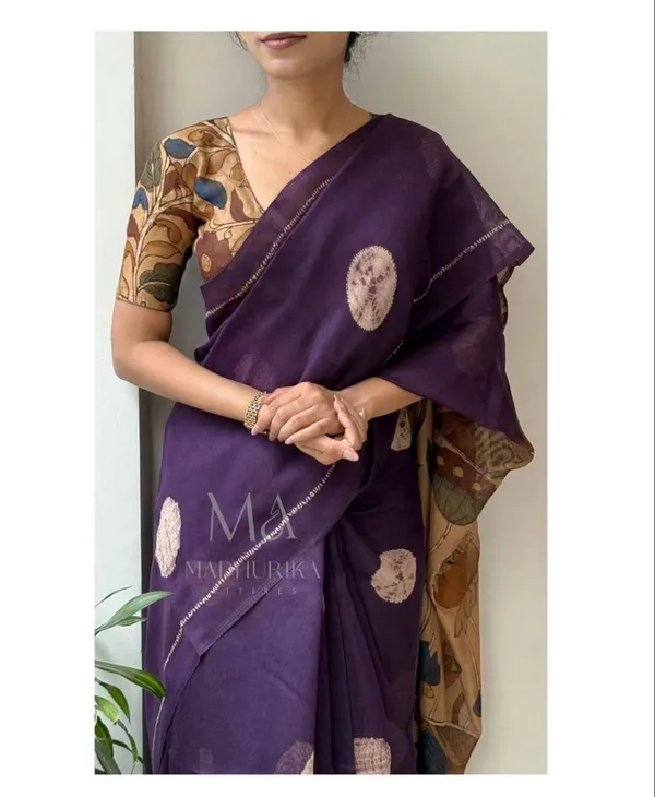 Kalamkari_Soft_Lenin_Light_Weigth__Printed_Batik_Saree_&_Printeed_Blouse_-__Purple
