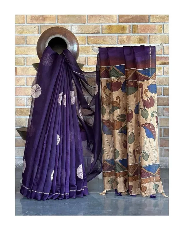 Kalamkari_Soft_Lenin_Light_Weigth__Printed_Batik_Saree_&_Printeed_Blouse_-__Purple