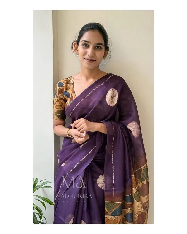 Kalamkari_Soft_Lenin_Light_Weigth__Printed_Batik_Saree_&_Printeed_Blouse_-__Purple