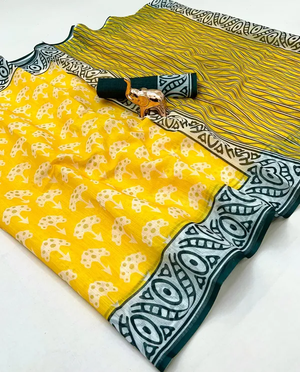 Linen_Ajrak_Print_Saree_-_Yellow
