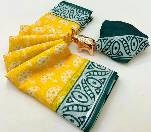 Linen_Ajrak_Print_Saree_-_Yellow