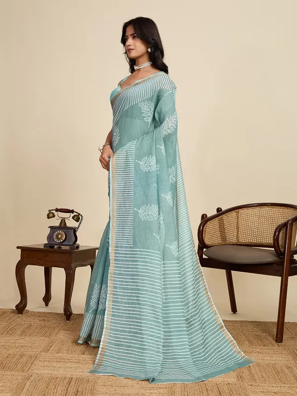 MINT_BLUE_PRINTED_LINEN_SAREE_-_MINT_BLUE
