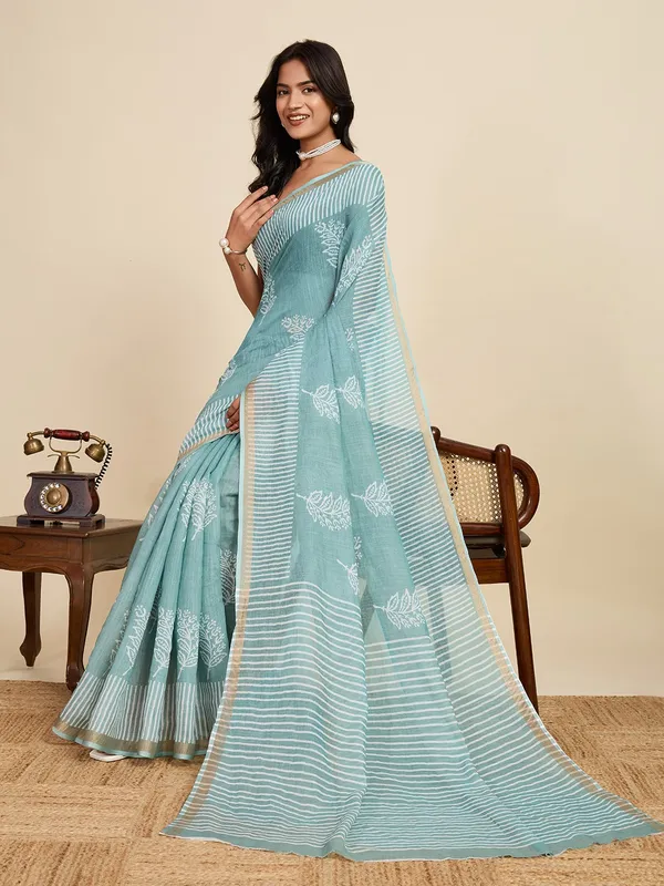 MINT_BLUE_PRINTED_LINEN_SAREE_-_MINT_BLUE