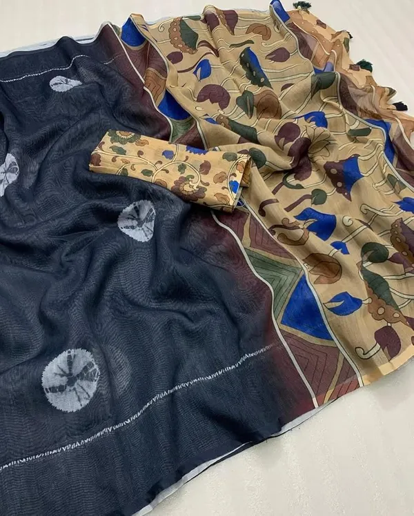 Kalamkari_Soft_Lenin_Light_Weigth__Printed_Batik_Saree_&_Printeed_Blouse_-_Black