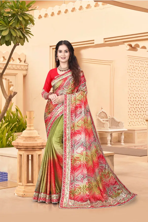 Green_Evening_Elegance_Moss_Chiffon_Bandhani_Saree_For_Women