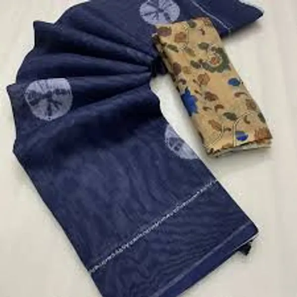 Kalamkari_Soft_Lenin_Light_Weigth__Printed_Batik_Saree_&_Printeed_Blouse_-_Navy_Blue